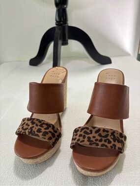 a new day Tan Brown Leopard Espadrille Wedge Sandals
